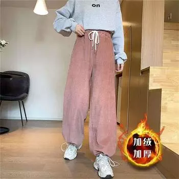 Осенние и зимние вельветовые широкие брюки женские Tide Ins корейская версия утолщенные и бархатные свободные универсальные завязанные спортивные брюки S абрикосовый