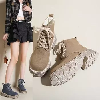 Осенние и зимние ветровые сапоги женские Ins в английском стиле дышащие ретро короткие сапоги с толстой подошвой из ревеня 35 хаки