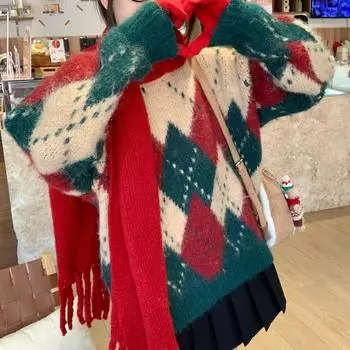 Осенние и зимние винтажные принтованные свитера рождественские свитера женские модные свободные вязаные свитера с круглым вырезом женские элегантные теплые повседневные женские джемперы 25509 S верблюжий коричневого