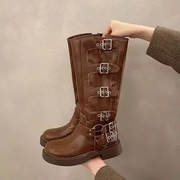 Осенние и зимние винтажные сапоги Тонкие ковбойские сапоги на среднем каблуке Кожаные сапоги Кавалерийские сапоги 35