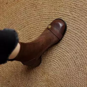 Осенние и зимние замшевые эластичные сапоги с квадратной головкой Майяра, короткие, с трубчатой застежкой-молнией сзади, на толстом каблуке, короткие сапоги, модная обувь 35 коричневый