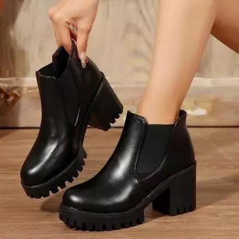 Осенние и зимние женские ботинки Женские ботинки челси Модные толстые каблуки Высокие каблуки Круглый носок Короткие черные короткие ботинки 36 чёрный