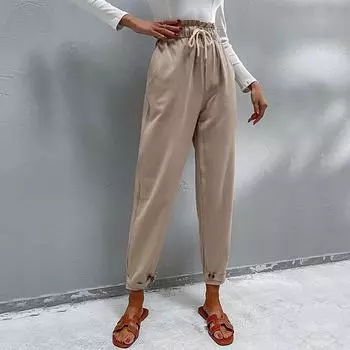 Осенние и зимние женские брюки, повседневные эластичные брюки, хлопковые и льняные пригородные брюки Harlan, маленькие брюки S хаки