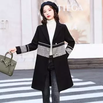 Осенние и зимние женские черные шерстяные куртки, свободные двубортные винтажные клетчатые пиджаки, пальто S