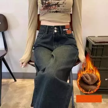 Осенние и зимние женские джинсы, плюшевые брюки, теплые прямые брюки, плюшевые джинсы с высокой талией, широкие брюки, джинсовые джинсы XS