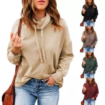 Осенние и зимние женские флисовые пуловеры с длинными рукавами, толстовки с высоким воротником и шнурком S чёрный