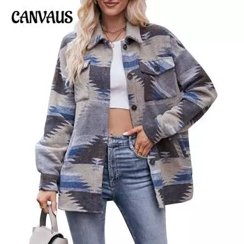 Осенние и зимние женские куртки-рубашки, топы, рубашки с геометрическим рисунком, куртки с лацканами, топы