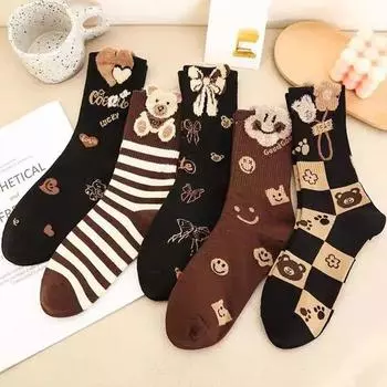 Осенние и зимние женские носки до середины икры, новые трехмерные флокированные милые женские носки из пряжи с изображением медвежьих перьев One size