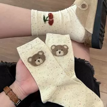 Осенние и зимние женские носки до середины икры с рисунком медведя в горошек, женские носки в японском стиле в стиле колледжа, корейские женские носки One size