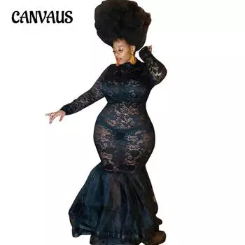 Осенние и зимние женские платья Прозрачный пакет бедра кружевное платье больших размеров L чёрный