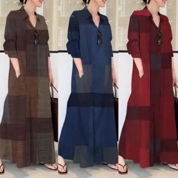 Осенние и зимние женские платья-рубашки Платья-рубашки с принтом в клетку Элегантные однобортные платья-рубашки с длинными рукавами S