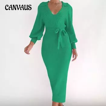 Осенние и зимние женские платья-свитера средней длины, платье-свитер, элегантное платье с длинным рукавом и v-образным вырезом, сексуальные вязаные плотные платья на шнуровке S белый