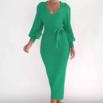 Осенние и зимние женские платья-свитера средней длины, платье-свитер, элегантное платье с длинным рукавом и v-образным вырезом, сексуальные вязаные плотные платья на шнуровке S белый
