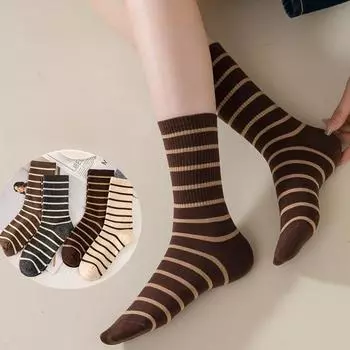 Осенние и зимние женские ретро-носки из хлопка Майяра, цветные полосатые носки средней длины, женские носки в стиле колледжа One size чёрный