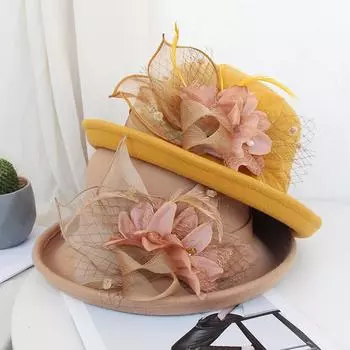 Осенние и зимние женские шляпы, шерстяная шляпа-котелок с перьями и цветами, женская британская ретро-шляпа для рыбалки One Size