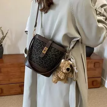 Осенние и зимние женские сумки ретро повседневные сумки-ведра высококачественные леопардовые принты портативные маленькие сумки модные сумки-мессенджеры через плечо 17*10*18