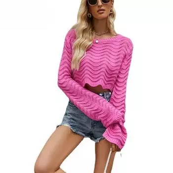 Осенние и зимние женские свитера, модный однотонный пуловер с полым волнистым узором, вязаный свитер S чёрный