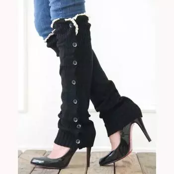 Осенние и зимние женские теплые шерстяные гетры выше колена однотонные кружевные носки с пуговицами чёрный