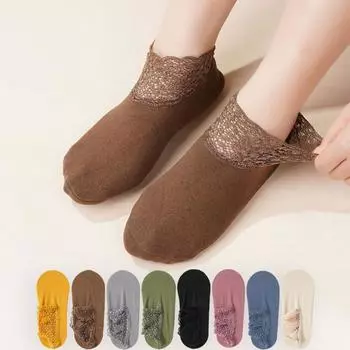 Осенние и зимние женские теплые утолщенные носки-тапочки универсальные кружевные короткие свободные носки для сна EUR35-40 чёрный