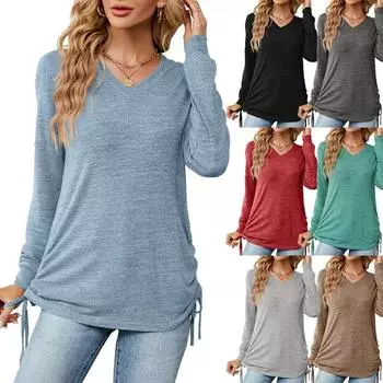 Осенние и зимние женские топы. Длинные повседневные футболки. Женские универсальные свободные футболки с v-образным вырезом и длинными рукавами. S чёрный