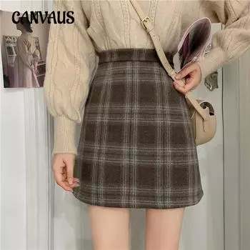Осенние и зимние женские юбки. Юбка до половины тела. Корейская версия клетчатой твидовой короткой юбки с высокой талией. Тонкая клетчатая юбка с надписью A Word. S чёрный