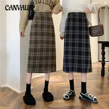 Осенние и зимние женские юбки. Твидовая клетчатая юбка средней длины с высокой талией. Прямая юбка средней длины в открытую клетку средней длины. S чёрный
