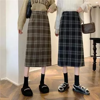 Осенние и зимние женские юбки. Твидовая клетчатая юбка средней длины с высокой талией. Прямая юбка средней длины в открытую клетку средней длины. S чёрный