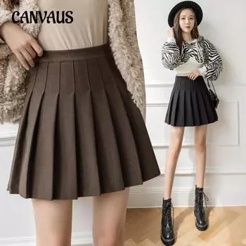 Осенние и зимние женские юбки. Твидовая плиссированная юбка. Юбка суеты. Короткая юбка. Тонкая юбка большого размера с высокой талией. S чёрный