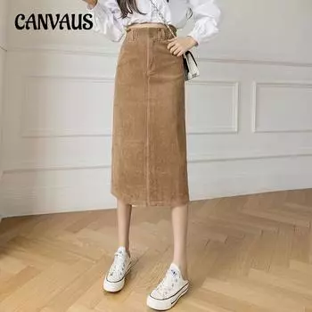 Осенние и зимние женские юбки Вельветовая юбка до середины тела Юбка средней длины с разрезом и завышенной талией Универсальная юбка-трапеция Тонкая юбка в один шаг S чёрный