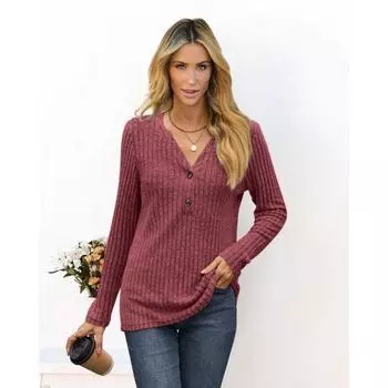 Осенние и зимние женские вязаные топы, блузки, однотонные свободные тонкие топы с длинными рукавами и пуговицами с v-образным вырезом S бордовый
