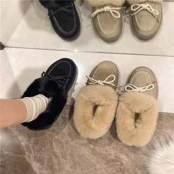 Осенние и зимние женские зимние сапоги с бантом и низким вырезом, с бархатными ботинками, мягкой подошвой и хлопковой обувью для тепла 40 чёрный