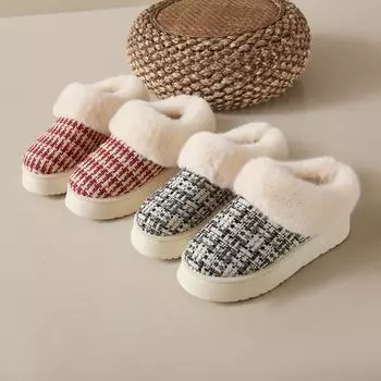 Осенние и зимние зимние сапоги для беременных женщин, закрытые тапочки на каблуке, женские тапочки на платформе с рисунком «гусиная лапка», с флисовой подкладкой, сохраняющие тепло, верхняя одежда из плюша и шерсти 36