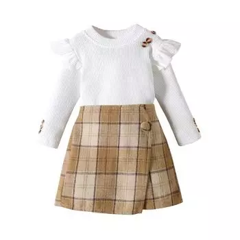 Осенние комплекты детской одежды для девочек 18 месяцев, 2 лет, 3 лет, 4 лет, 5 лет, 6 лет, 1-6 лет, водолазка, свитер с длинными рукавами, топы + клетчатые юбки с принтом 18-24 Months белый