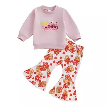 Осенние комплекты для девочек, свитшот с длинными рукавами и вышитыми буквами «Картофель фри», длинные расклешенные брюки, наряды на День святого Валентина 6-12 Months розовый