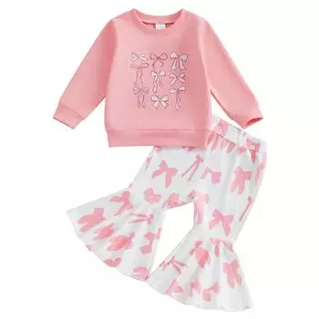 Осенние комплекты для маленьких девочек, свитшот с длинными рукавами и принтом бантов, длинные расклешенные брюки, комплект из 2 предметов 2-3 Years розовый
