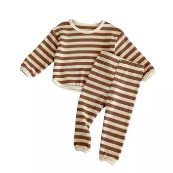 Осенние комплекты одежды для маленьких девочек и мальчиков: топы с длинными рукавами и круглым вырезом + брюки контрастного цвета/полосатые 66 серый