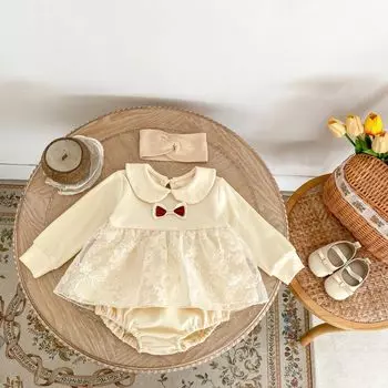 Осенние комплекты однотонной одежды для маленьких девочек, комплект из 2 предметов с топом и шортами в стиле Питера Пэна, одежда для малышей с милым бантом, bafanou 23210 100cm(2-3Y) бежевый