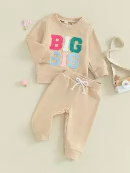 Осенние комплекты со штанами для маленьких девочек, 18 месяцев, 2 года, 3 года, 4 года, 5 лет, 6 лет, свитшот с длинными рукавами и вышивкой букв, однотонные комплекты со штанами 18-24 Months абрикосовый