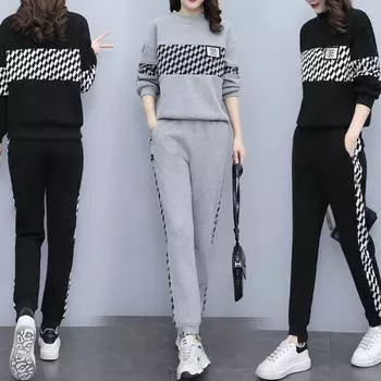 Осенние комплекты женской одежды, толстовки с круглым вырезом + шаровары, костюмы из 2 предметов, клетчатый женский повседневный спортивный костюм, модная уличная одежда S чёрный