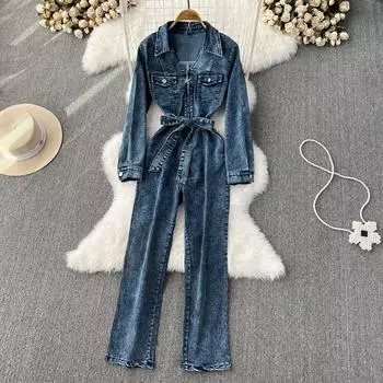 Осенние корейские цельные джинсы в стиле ретро, женские свободные прямые брюки-комбинезон с v-образным вырезом и высокой талией