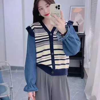Осенние корейские кардиганы, новый полосатый вязаный свитер с рукавами из денима в стиле пэчворк, стильный топ, женская поддельная куртка из двух частей one size синий
