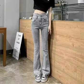 Осенние корейские модные модные хипстерские ретро элегантные уличные длинные женские расклешенные джинсы Harajuku, простые, тонкие 26 чёрный
