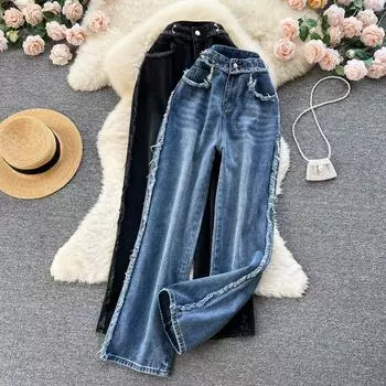 Осенние корейские свободные женские джинсы с высокой талией и темпераментным дизайном с меховой кромкой и широкими штанинами
