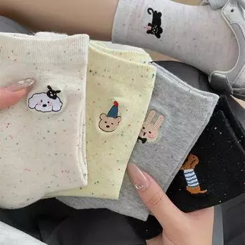 Осенние корейские женские хлопковые носки - вышитый анималистичный бант и узор из пряжи в горошек One Size серый/белый