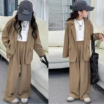 Осенние костюмы для девочек Повседневные костюмы-двойки Свободные весенние и осенние костюмы 170 хаки