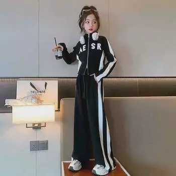 Осенние костюмы для отдыха для девочек: Полосатые спортивные брюки и стильные толстовки, комплект из двух предметов для детей постарше — идеальный вариант для весны и осени. 160 чёрный