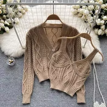 Осенние костюмы-двойки, женский модный зарубежный стиль, модный свитер с длинными рукавами, кардиган, пальто, короткая маленькая майка