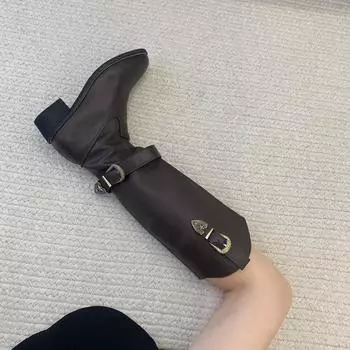 Осенние ковбойские сапоги для женщин, модные длинные ботинки без шнуровки, женские модные зимние ботинки на квадратном высоком каблуке, женская обувь Q340 35