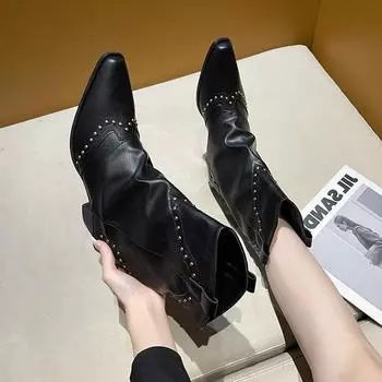 Осенние ковбойские сапоги рыцарские сапоги в стиле вестерн ретро новые остроконечные сапоги толстый каблук короткие сапоги женские брюки-трубы заклепки модные 35