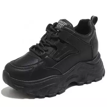 Осенние кожаные белые кроссовки на платформе, спортивная повседневная обувь на толстой подошве со шнуровкой, женская новая модная прогулочная обувь без шнуровки 35 чёрный